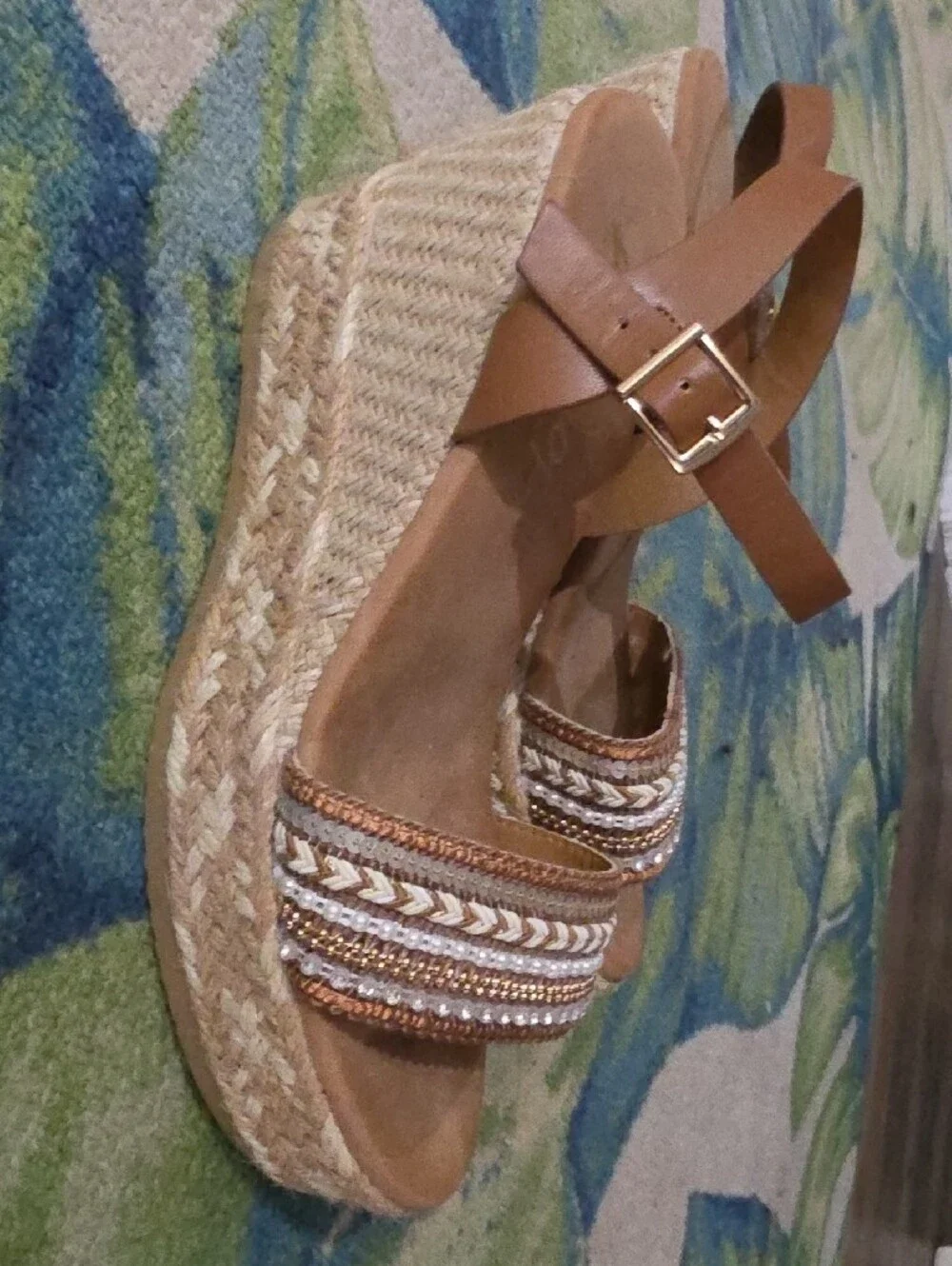 Jellypop Tan Braided Beaded Wedge Sandals